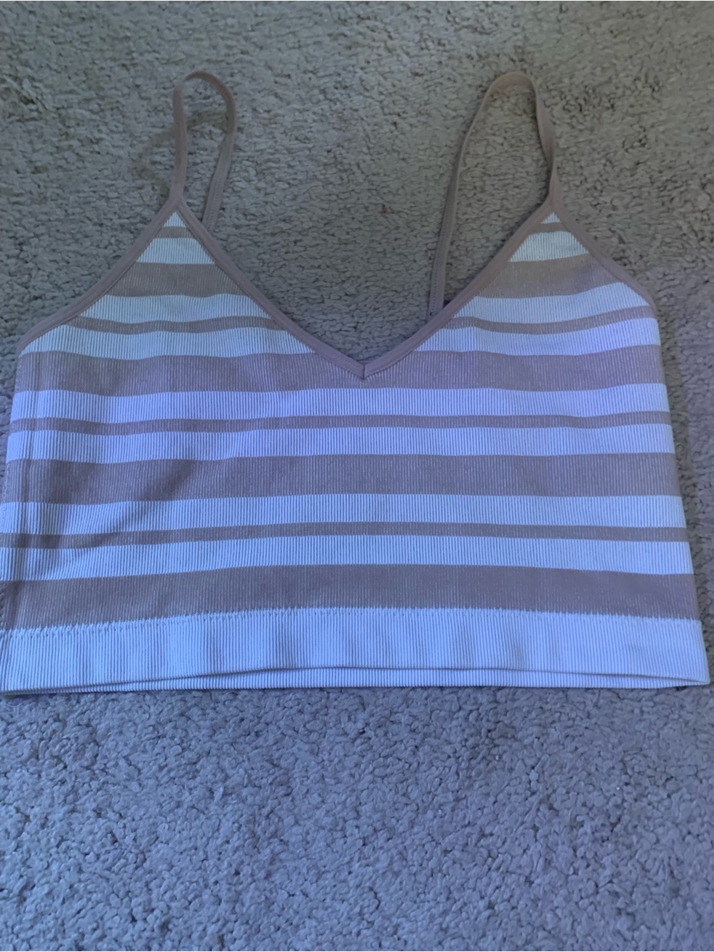 Garage Beige & White Striped Ribbed V-Neck Cropped Cami